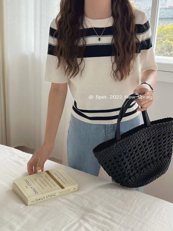 Original price 55.27! New in early summer! [5pet] round neck contrast striped shirt 8820# XYY