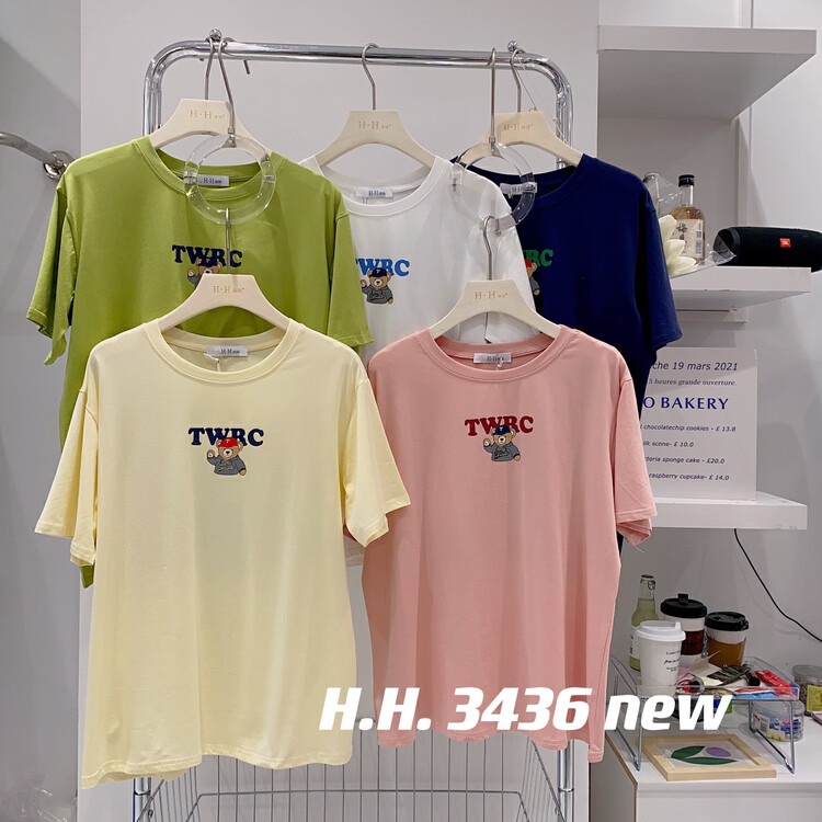 [HH &miss Lai] Korean simple letter bear print loose short sleeve T-shirt 3436# L