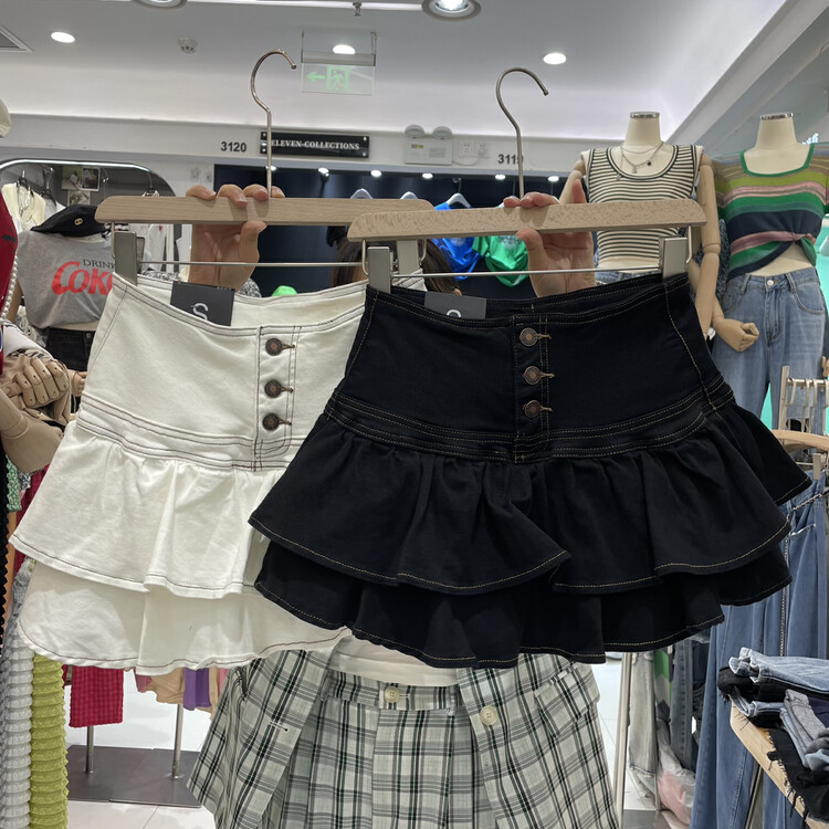 [good] double Ruffle design high waist elastic denim skirt 7910\jj