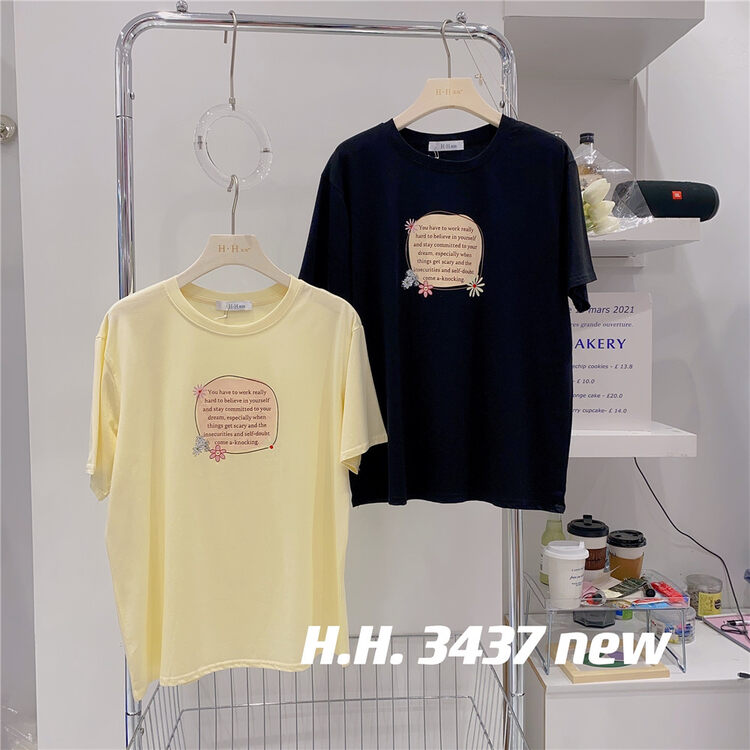[HH &miss Lai] fashion round neck letter printed short sleeve T-shirt 3437\l