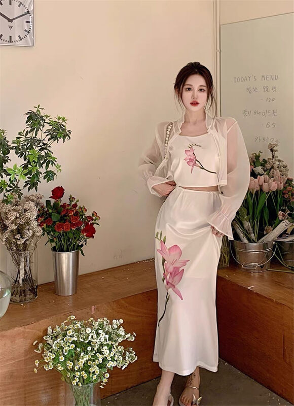 [Linna] short print Vest + casual simple blouse + Korean slim print suit 124677# JJ