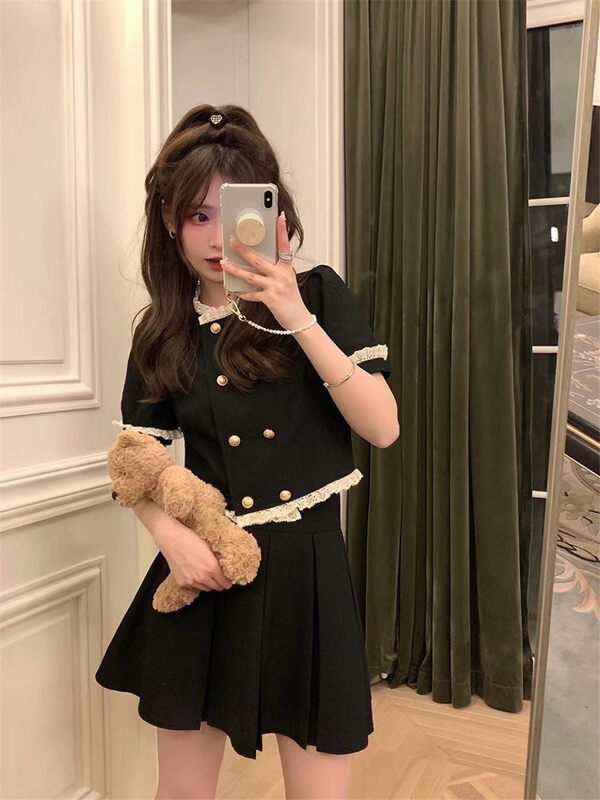 [Linna] casual round neck double breasted blouse + Korean slim pleated skirt set 124673# JJ