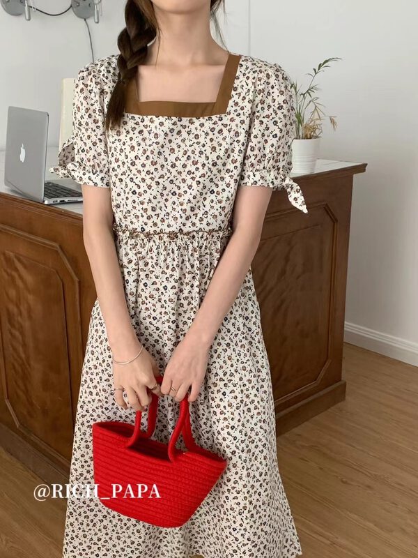 Original price 108.99! [rich Papa] Vintage square collar floral dress l039# zxx