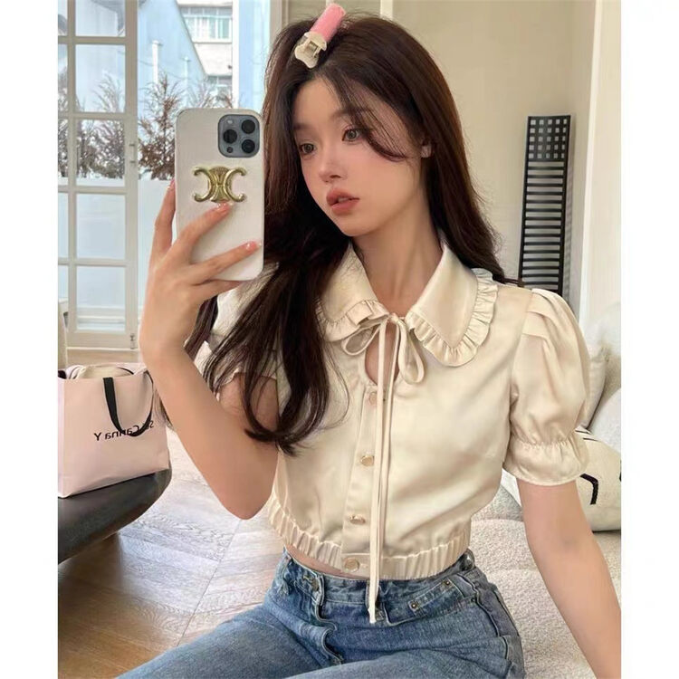 [Linna] casual breasted short bubble sleeve shirt 6925# JJ