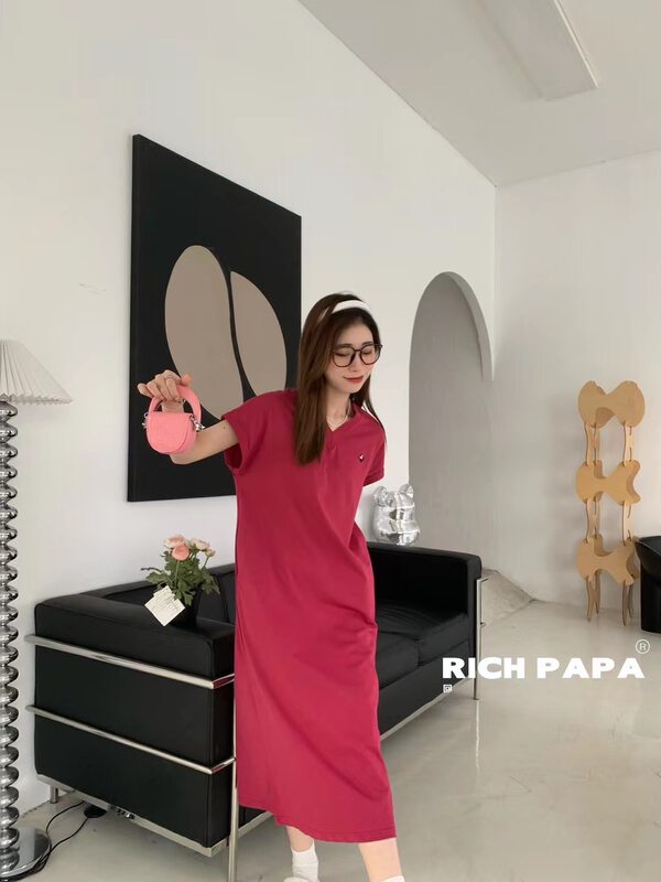 [rich Papa] Korean pure color heart-shaped embroidered turn over sleeve comfortable dress l034# CLS