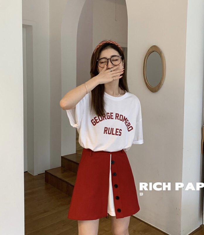 [rich Papa] Korean simple letter printed short sleeve T-shirt + temperament skirt set d009# zxx