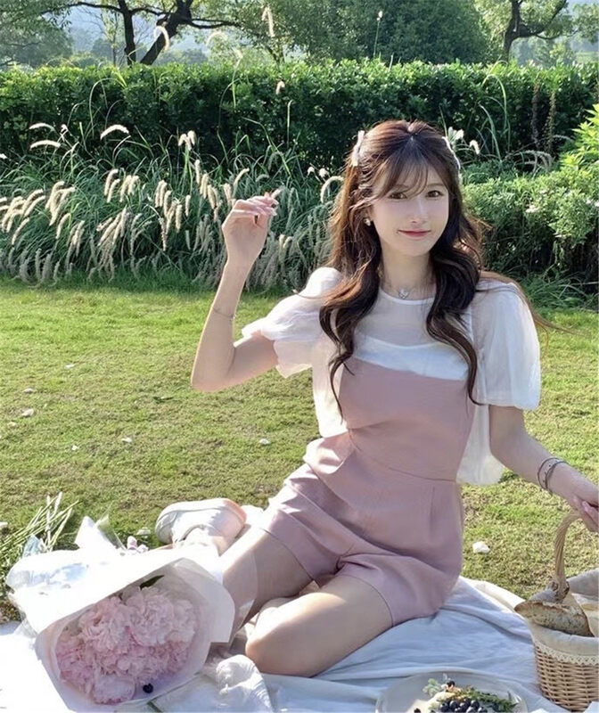 [Linna] casual solid color bubble sleeve short sleeve + solid color comfortable suspender Pants Set 124699# JJ