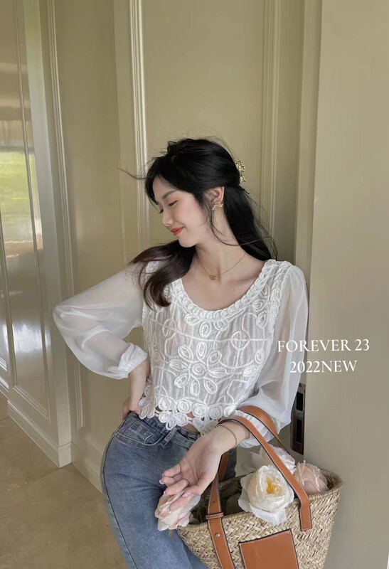 The original price is 43.99! New year in early spring! [forever23] Korean little sister's Retro jacquard gentle chiffon shirt b1754# hjy