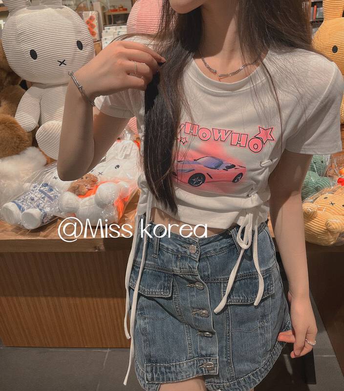 [Miss Korea] Spice Girl wild car print lace up short sleeve T-shirt 3321# HBx