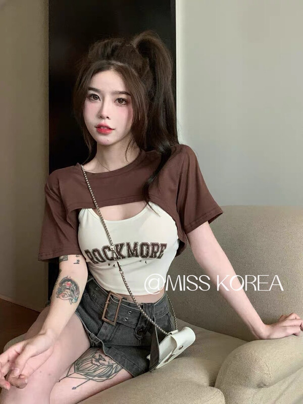 [Miss Korea] hot girls' overlapping design blouse + letter printed vest set 3257 \hbx