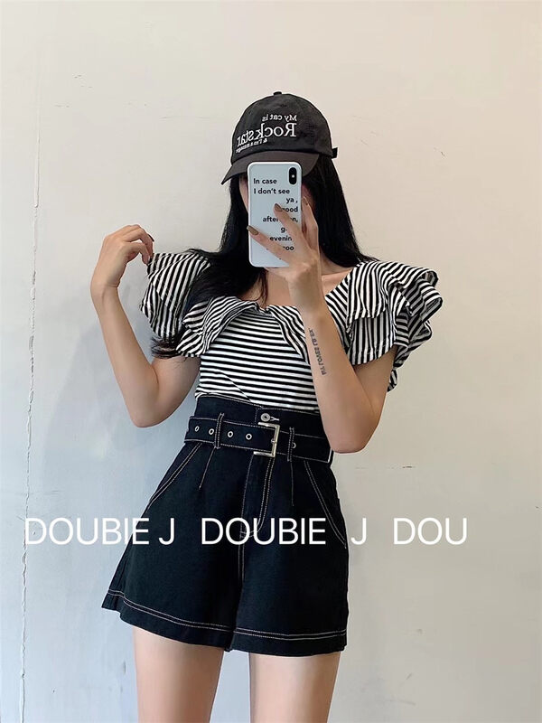 [double.j] high waist and thin, versatile ins denim shorts (with belt) 383# PCZ