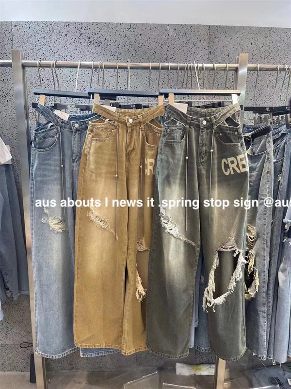 [aus] distressed wash letter waistless jeans g650# LSW