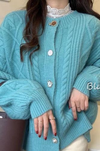 Autumn and winter Korean sweater coat lazy women retro Lantern Sleeve candy color fried dough twist loose knit cardigan women