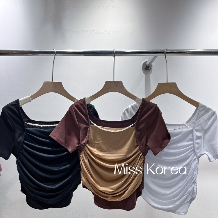 [Miss Korea] square neck color contrast stitching short sleeved T-shirt (with a pearl chain) 3272# HBx