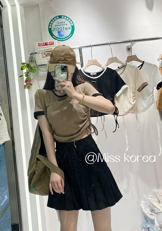 [Miss Korea] simple drawstring color matching short sleeve T-shirt 3328# HBx