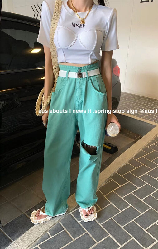Original price 84.60! [aus] pierced wide leg fashion jeans (with waist rope) g581# LSW