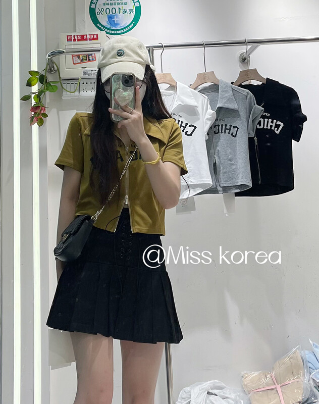 [Miss Korea] letter zipper versatile short sleeve T-shirt (excluding matching) 3363# HBx