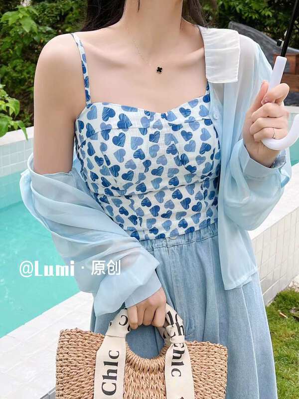 [Lumi] net comfortable sunscreen shirt + love pattern vest set m83309# ll