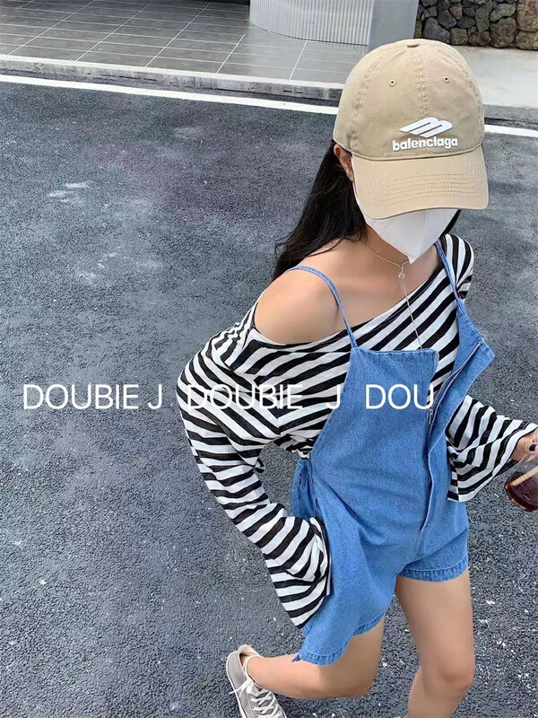 [double.j] striped loose long sleeved T-shirt + denim suspender suit 1877-78# PCZ