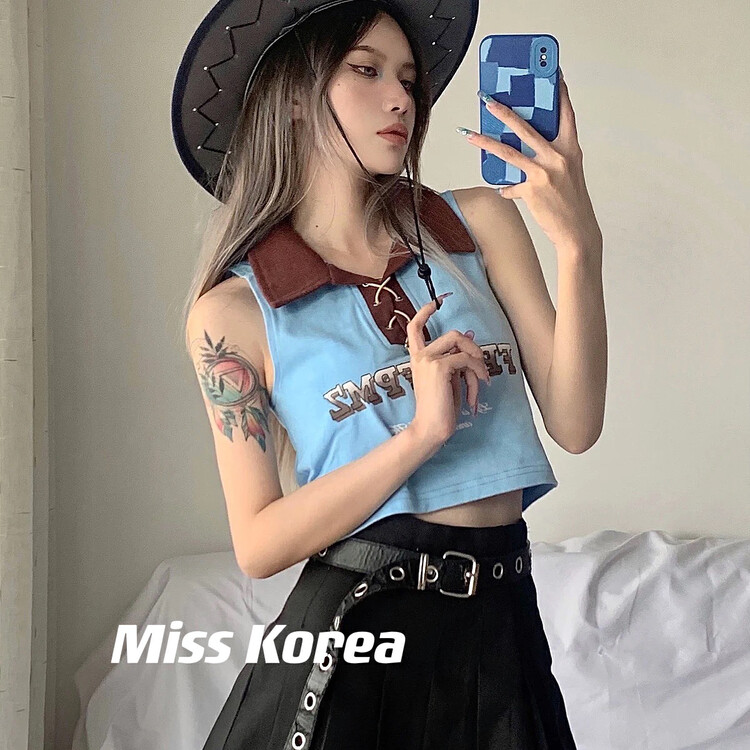[Miss Korea] American retro short Polo neck lettered vest / sling (detachable with rope) 3282# HBx