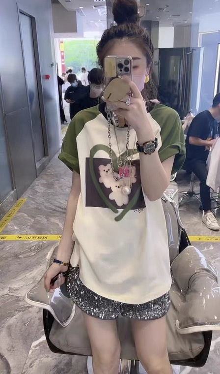 [w+] Korean color block printed short sleeved T-shirt 6111# WTT