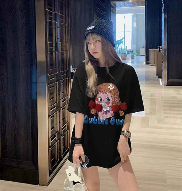 [Jin Han] casual loose girl printed short sleeved T-shirt (detachable with bowknot) 7703# ozq