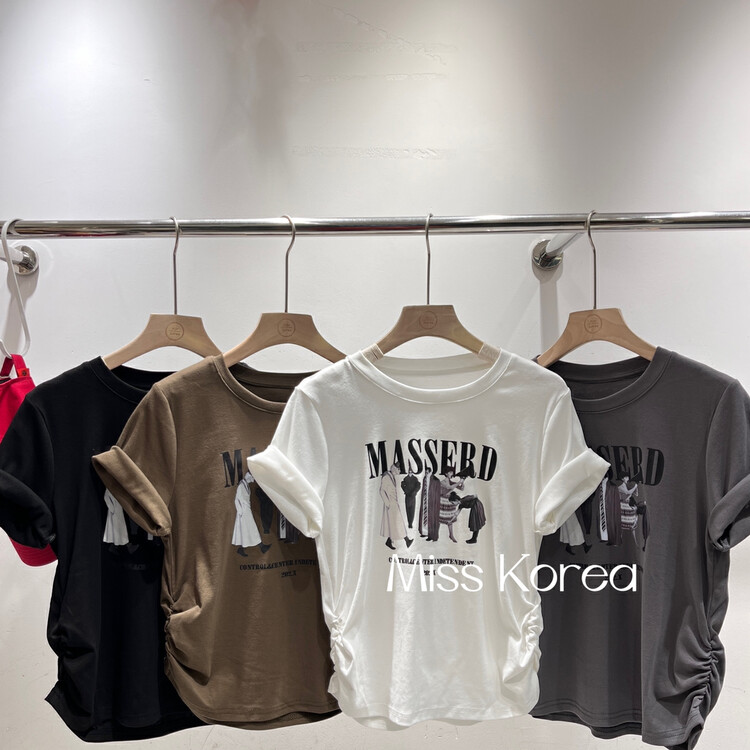 [Miss Korea] casual round neck letter print pleated short sleeve T-shirt 3271 \hbx