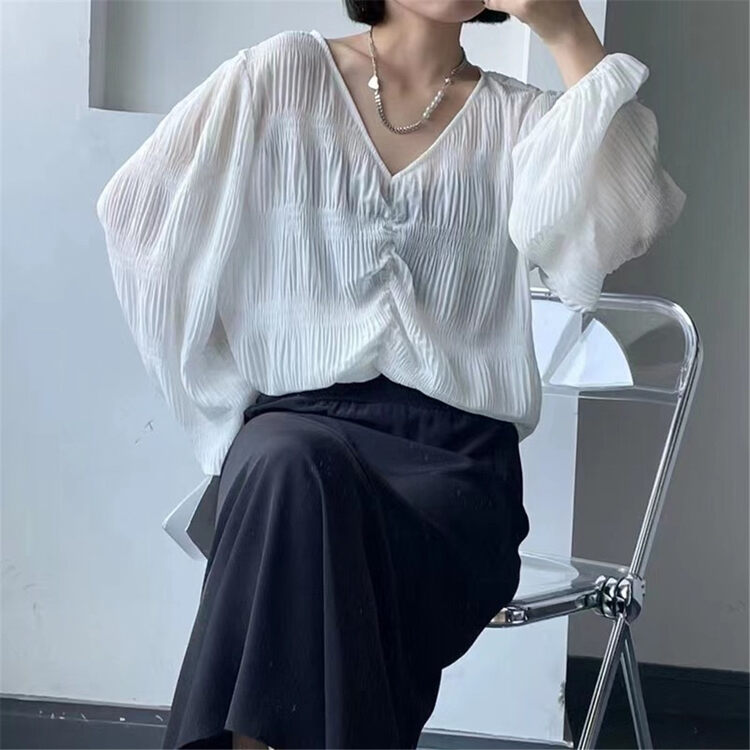 [meet] casual solid color V-neck versatile shirt 6706# ozq