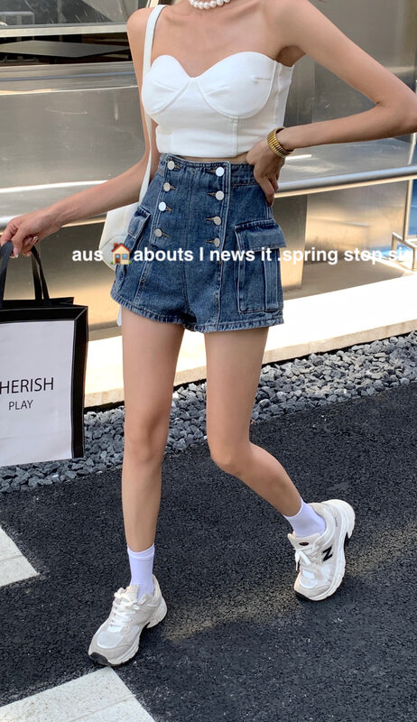 [aus] high waist, aging and slim denim shorts 6960\lsw
