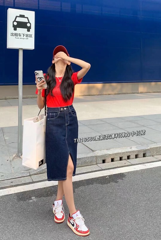 Original price 62.04! [T.H] Korean version pure sky elastic medium length skirt 16560# LSW