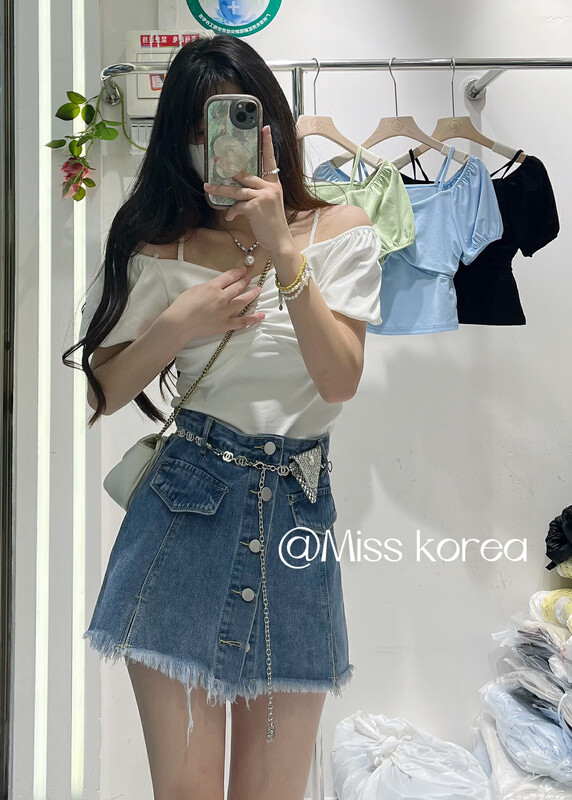 [Miss Korea] Korean solid color one line neck sling short sleeve T-shirt 3350# HBx
