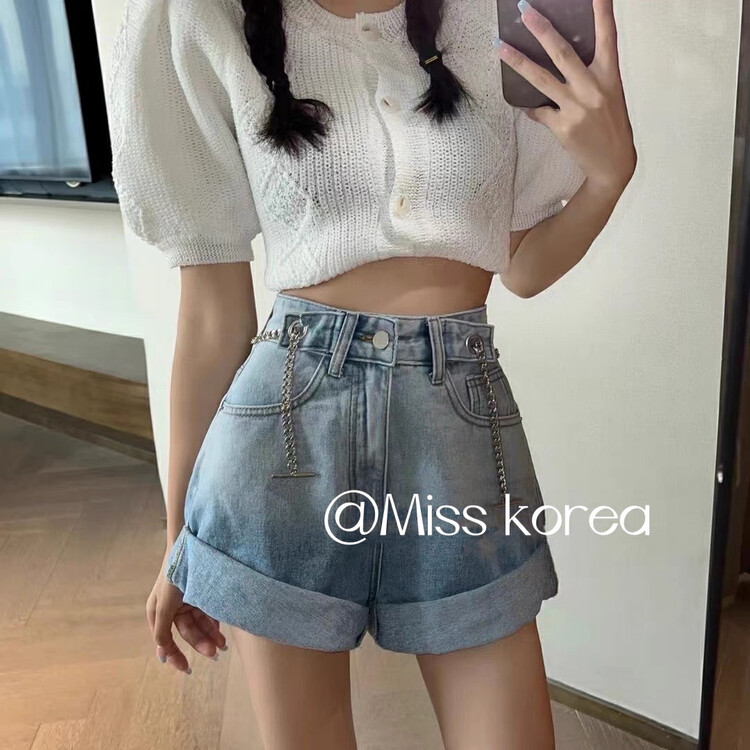 [Miss Korea] Korean style versatile denim shorts (with waist rope and an iron chain) 3378# HBx