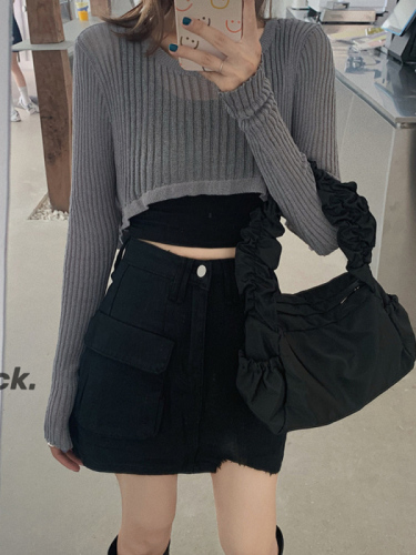 Summer thin style with suspenders over sunscreen blouse women's half cut short Pullover air conditioning shirt ice silk knit top