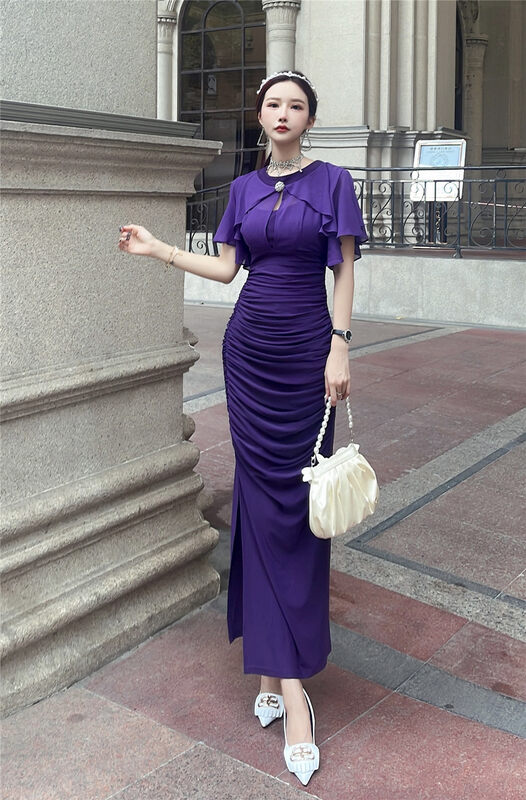 [Milan] temperament round neck thin solid dress 60801# JJ