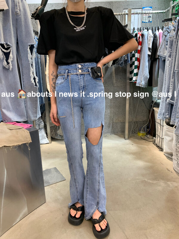[aus] fashion skinny jeans with holes (with waist rope) g553-2# LSW