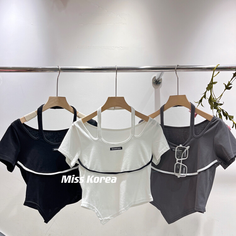 [Miss Korea] design sense hanging neck short short sleeved T-shirt 3281# HBx