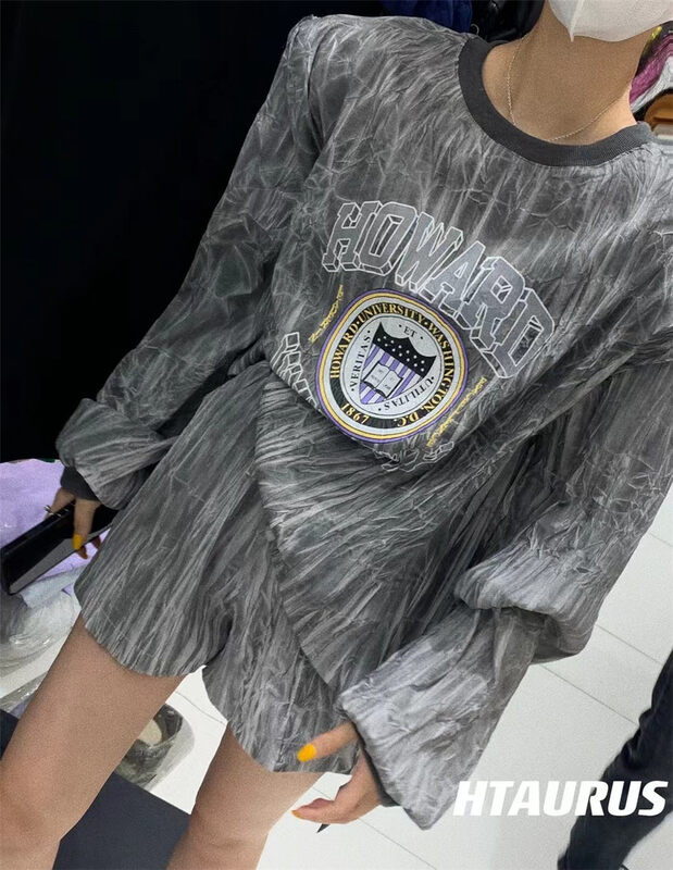 [htaurus] casual letter printed long sleeve + versatile comfortable color matching casual Shorts Set 8155\ozq