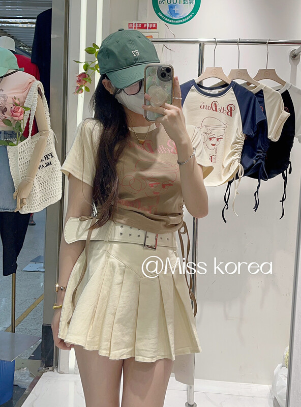 [Miss Korea] Korean print color blocking Raglan drawstring short short sleeved T-shirt 3330# HBx