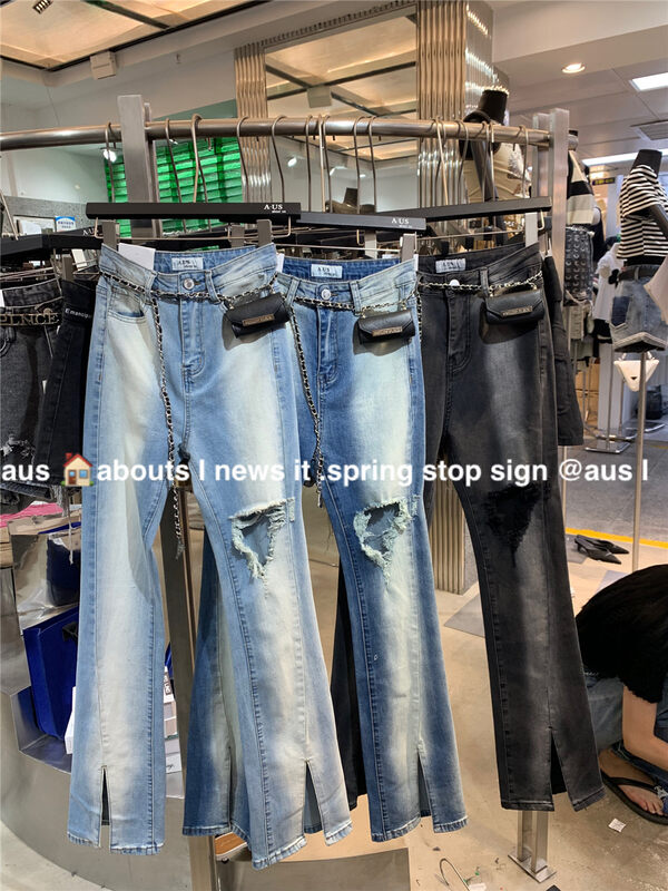 [aus] cut hole color matching skinny jeans (with waist bag) g675# LSW
