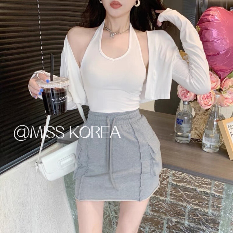 [Miss Korea] Spice Girl solid color suspender Vest + Summer simple and comfortable blouse set 3311# HBx