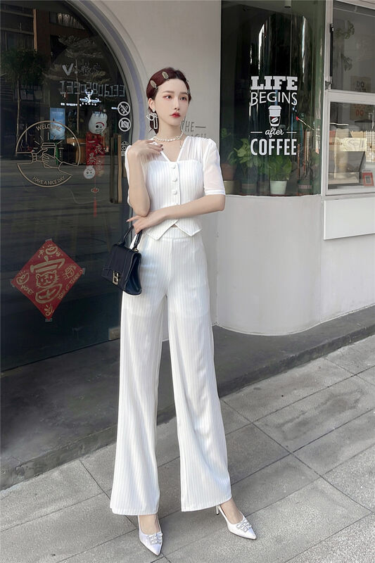 [Milan] casual breasted short shirt + loose and comfortable casual pants set 60782# JJ