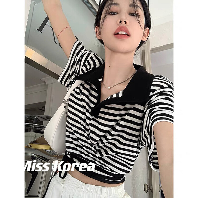 [Miss Korea] Polo neck stripe short sleeve T-shirt 3283 \hbx
