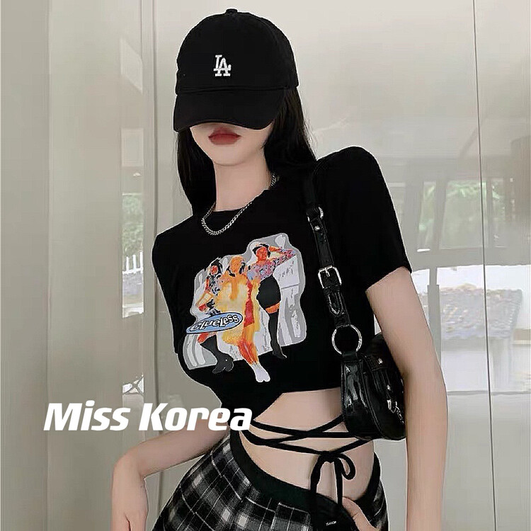 [Miss Korea] online hot girl print drawstring navel exposed short sleeve T-shirt 3233# HBx
