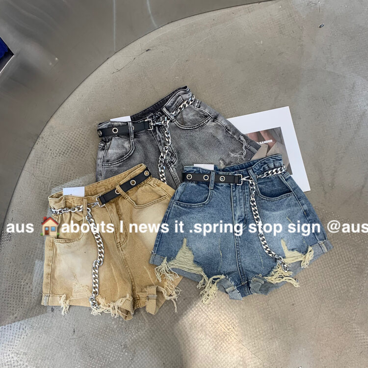 [aus] color blocked fashion Vintage denim shorts (with waist rope) g655# LSW