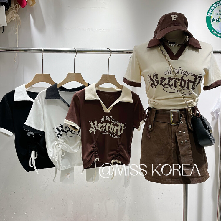 [Miss Korea] American retro color block letter drawstring short sleeved T-shirt 3266# HBx