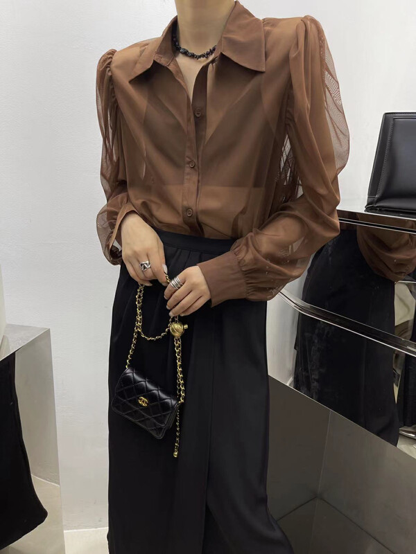 [Hepburn Hepburn] mesh bubble sleeve button up solid color shirt 3863# L