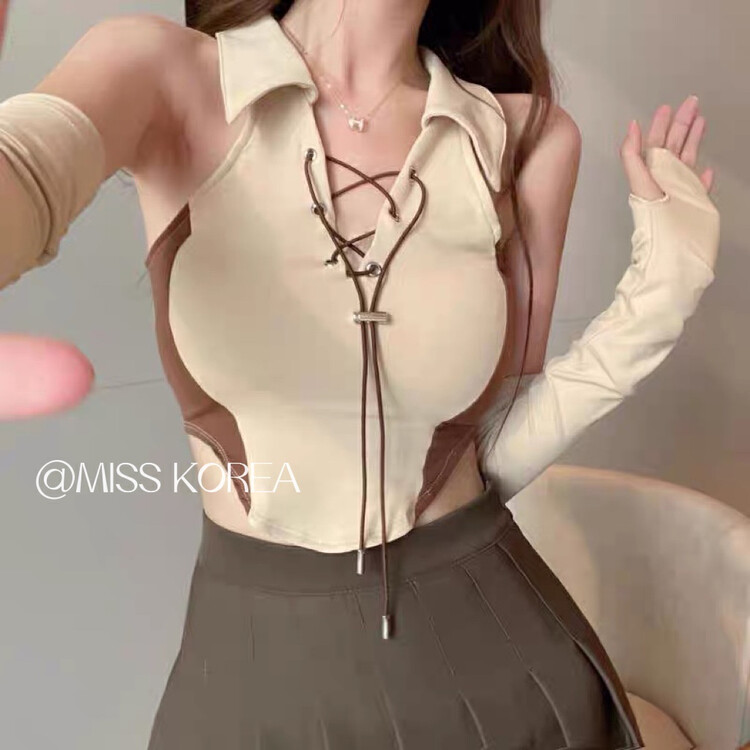 [Miss Korea] color blocked Spice Girl temperament vest / suspender (with rope) 3277# HBx