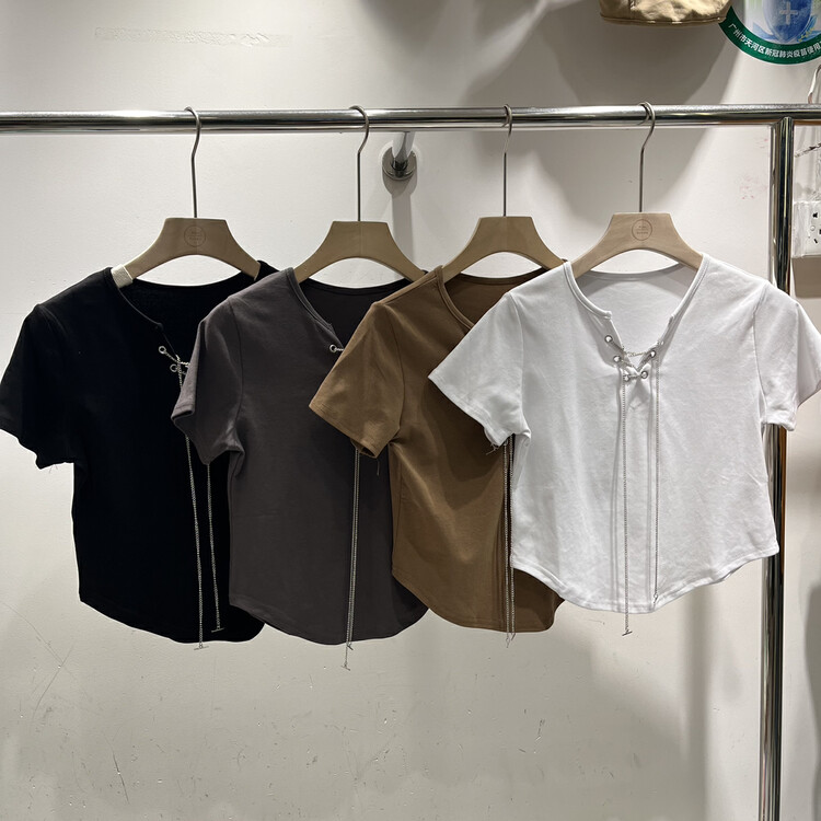 [Miss Korea] lace up simple and versatile short sleeve T-shirt 3397# HBx