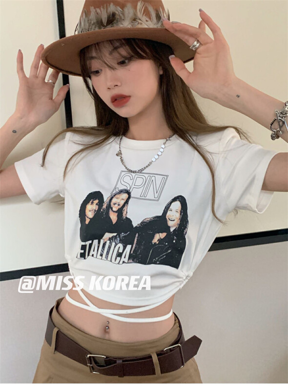 [Miss Korea] American retro Spice Girls tie rope short sleeve T-shirt 3381# HBx