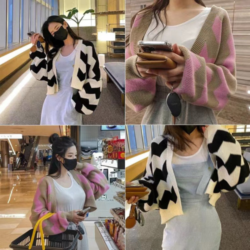 Korea dongdamen 2022 autumn winter new Korean style casual loose stripe short Sweater Jacket Women's knitted cardigan